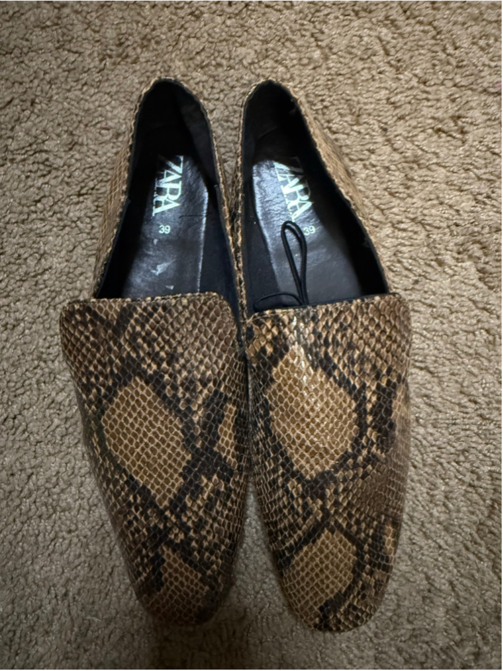 Women's Zara Snakeskin Print Loafers Size 8.5 Brown and Black